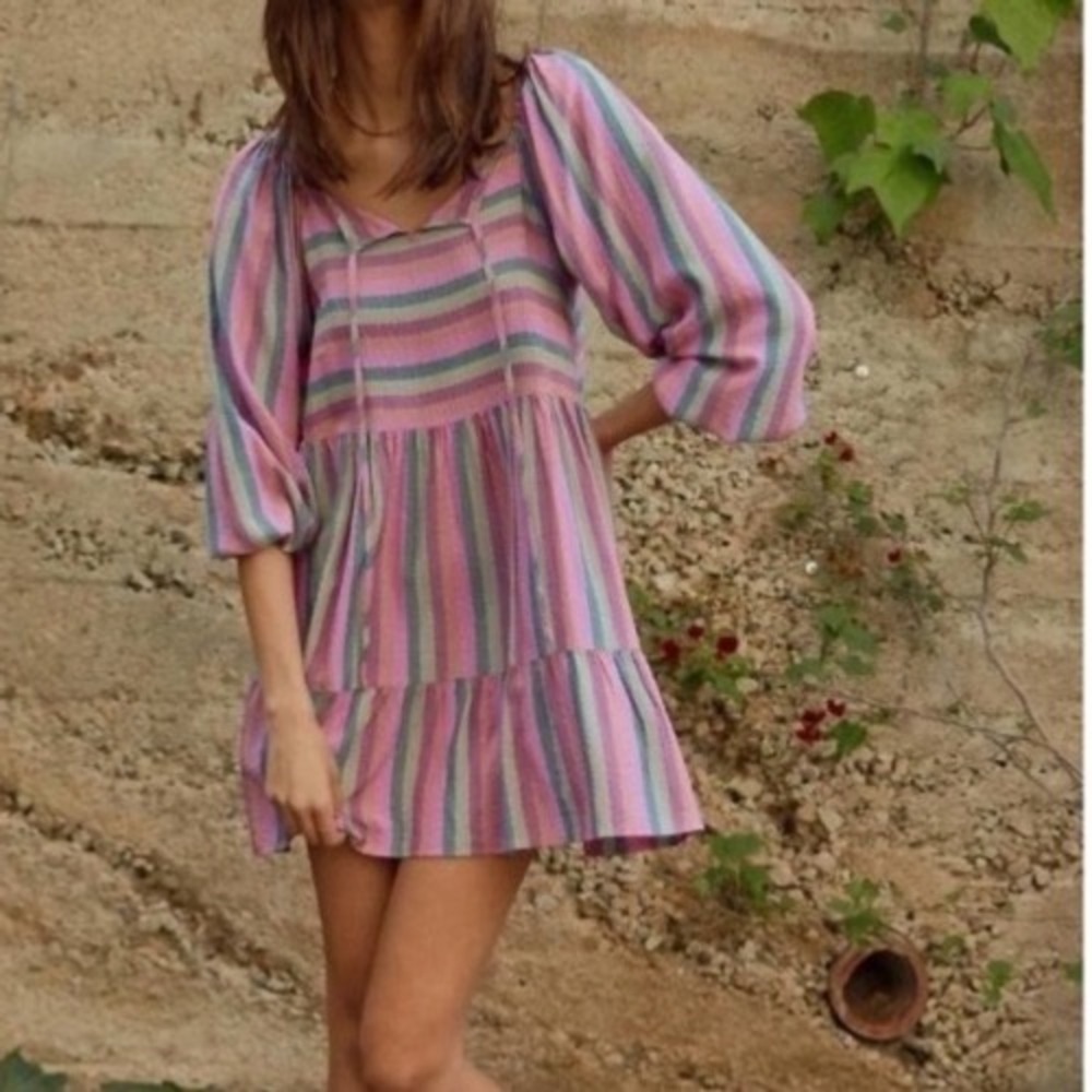 SELF CONTRAST kaley baby doll mini dress in plum rainbow size S summer partyโ